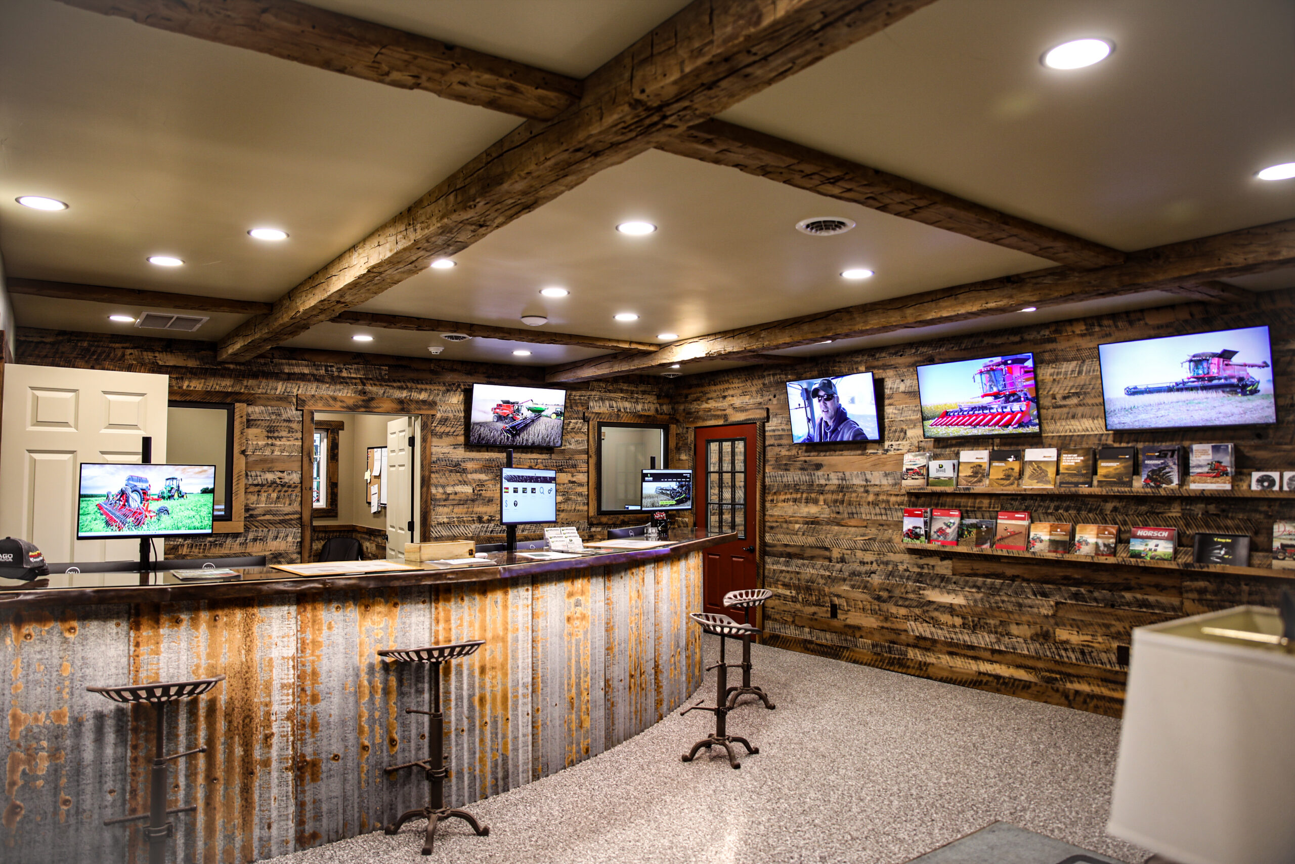 Reclaimed wood beams and wall cladding project by Midwest Lumber CO LLC